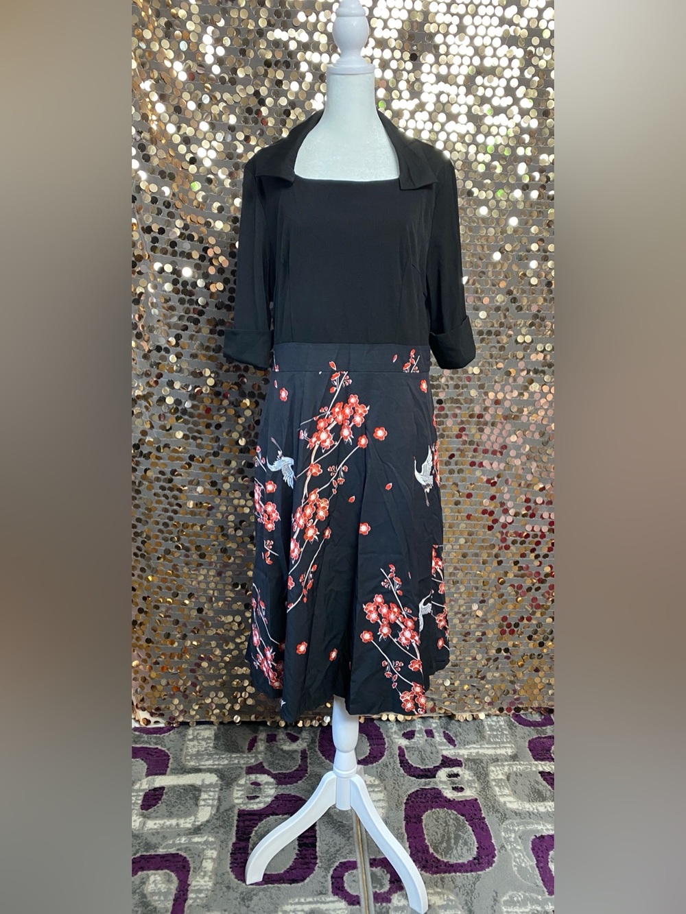 Black Midi Dress with Red Floral Print #1611